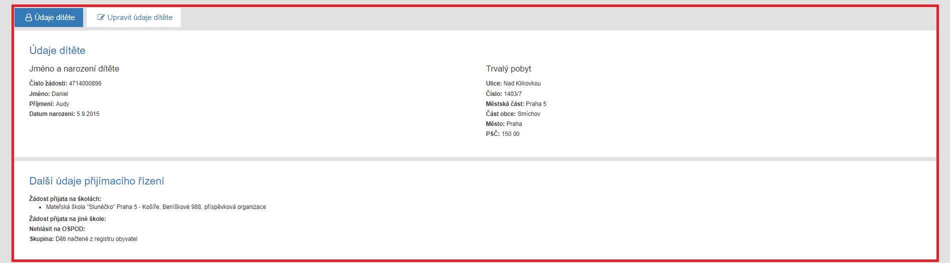 údaje o dítěti a přijímacím řízení