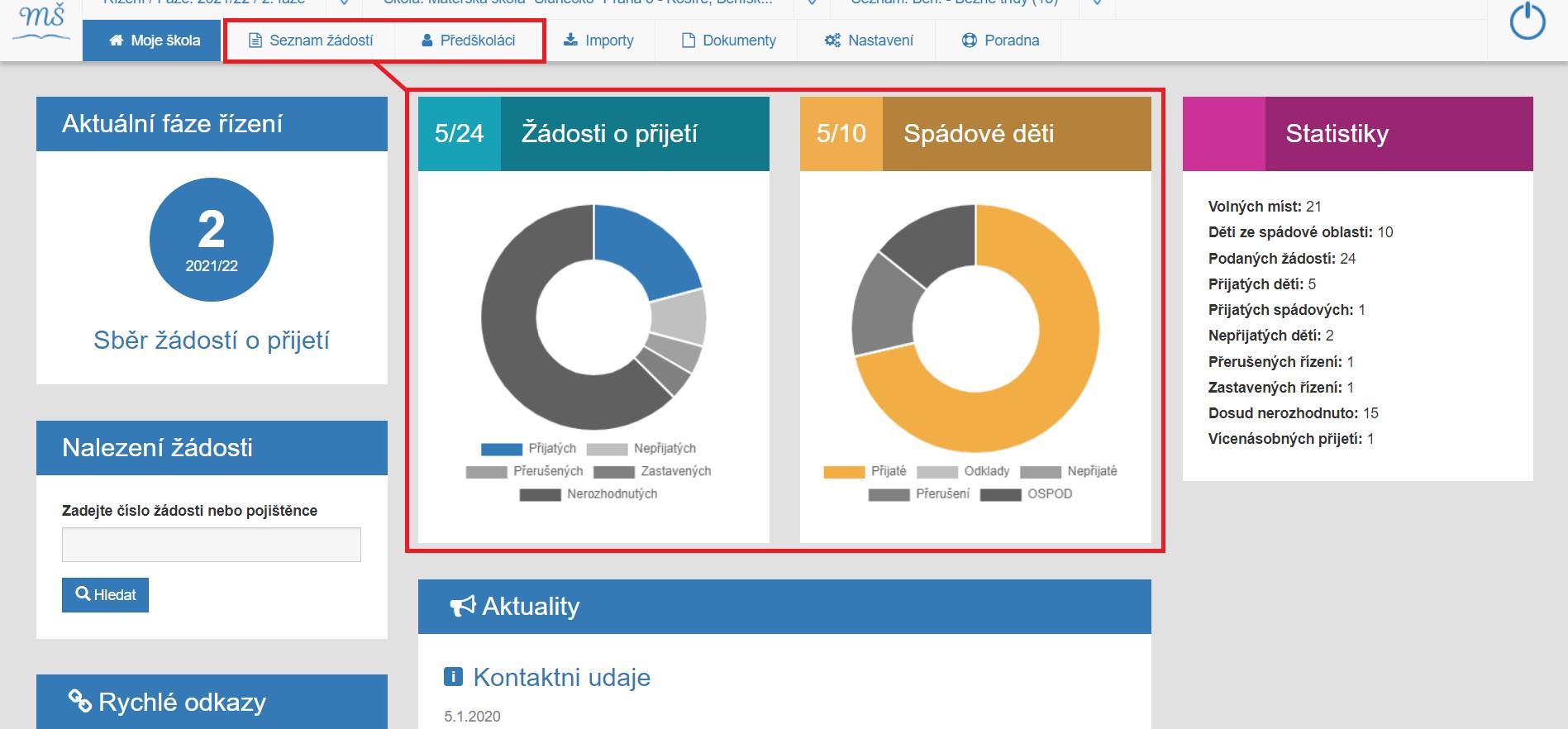 propojení menu položek s info-panely na domovské stránce Moje škola