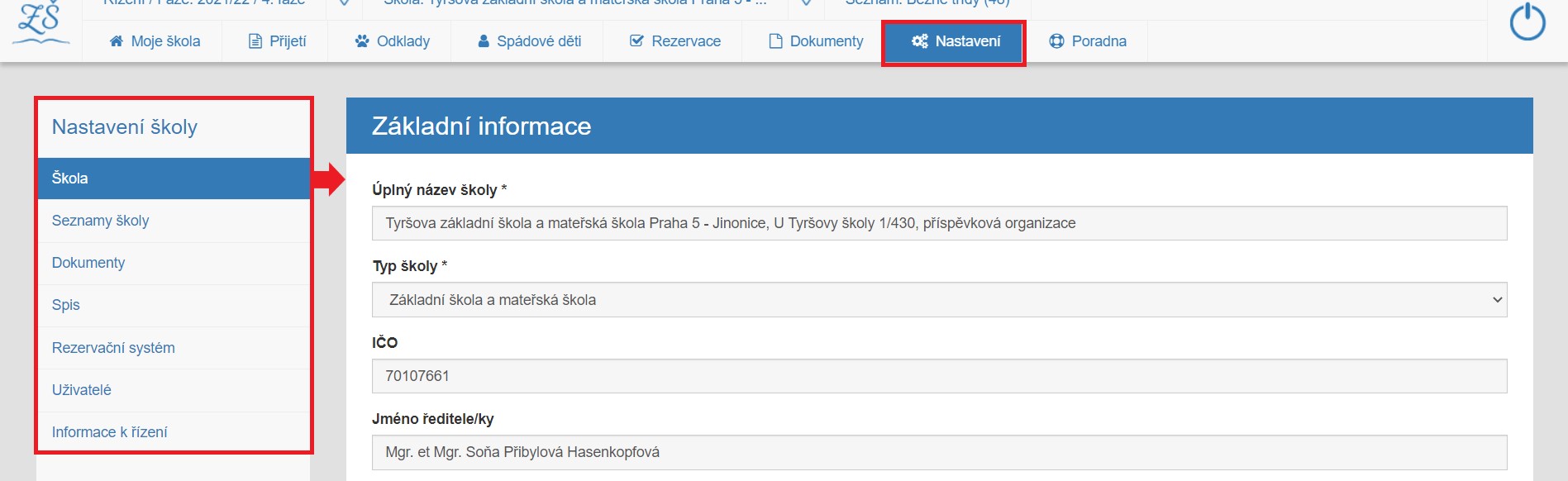 pracovní stránka menu-položky Nastavení a sekundární menu