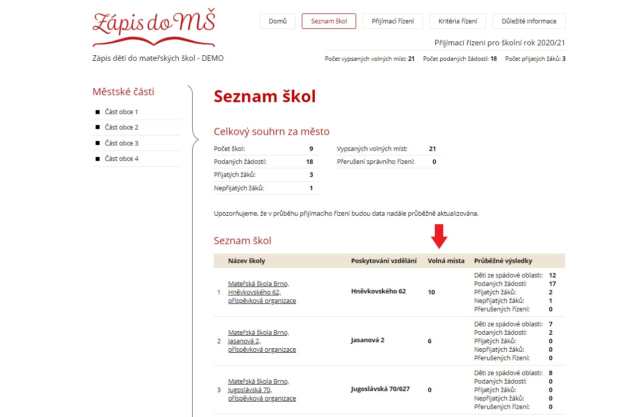zobrazení volných míst na vaší škole v Seznamu škol